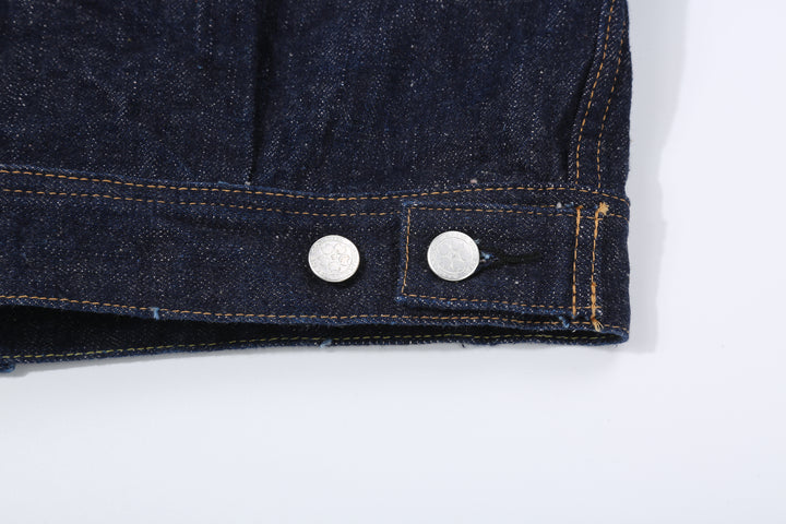 Samurai Jeans S101AX AI Plus 18oz selvedge denim jacket front view adjuster buttons close up