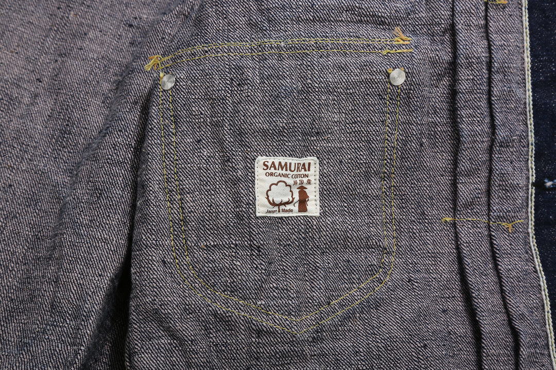 Samurai Jeans S101AX AI Plus 18oz selvedge denim jacket front view label