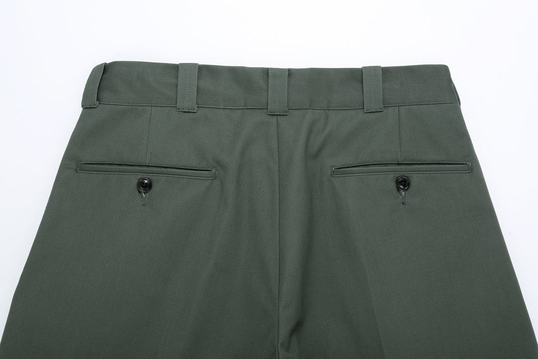 WASEW WSW-25A-010 Vat-Dyed Chino One-Tuck Trousers in wide straight fit, made in Japan back pockets