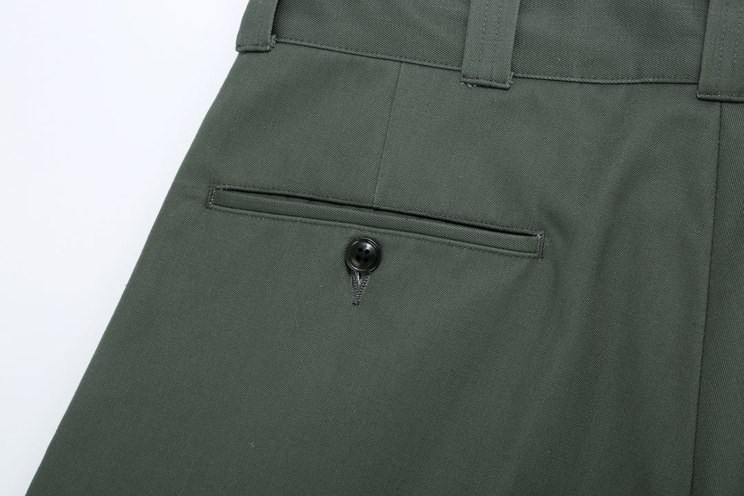 WASEW WSW-25A-010 Vat-Dyed Chino One-Tuck Trousers in wide straight fit, made in Japan left pocket back