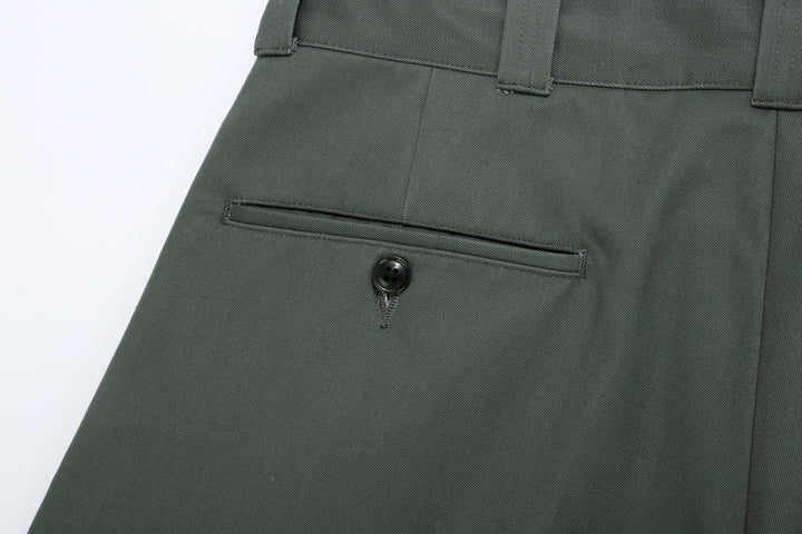 WASEW WSW-25A-010 Vat-Dyed Chino One-Tuck Trousers in wide straight fit, made in Japan left pocket back