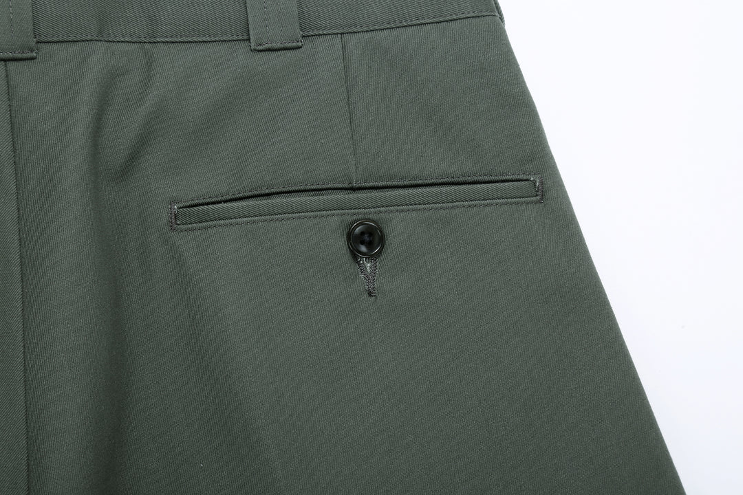 WASEW WSW-25A-010 Vat-Dyed Chino One-Tuck Trousers in wide straight fit, made in Japan right pocket back