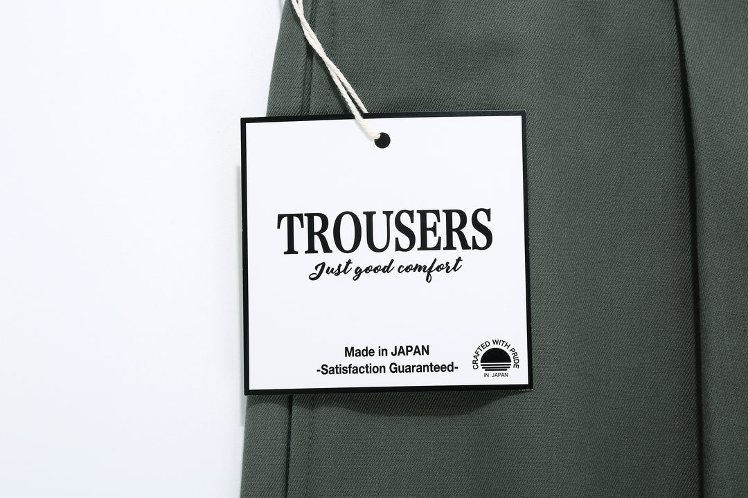 WASEW WSW-25A-010 Vat-Dyed Chino One-Tuck Trousers in wide straight fit, made in Japan paper tag