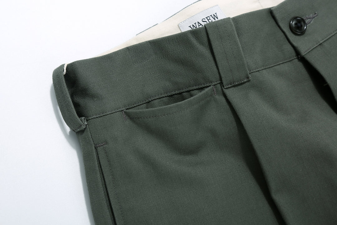 WASEW WSW-25A-010 Vat-Dyed Chino One-Tuck Trousers in wide straight fit, made in Japan coin pocket
