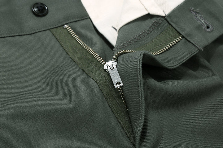 WASEW WSW-25A-010 Vat-Dyed Chino One-Tuck Trousers in wide straight fit, made in Japan zipper close up