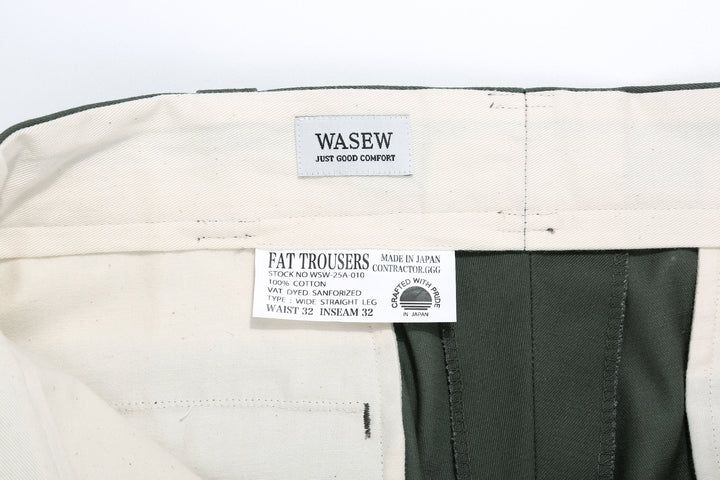WASEW WSW-25A-010 Vat-Dyed Chino One-Tuck Trousers in wide straight fit, made in Japan label