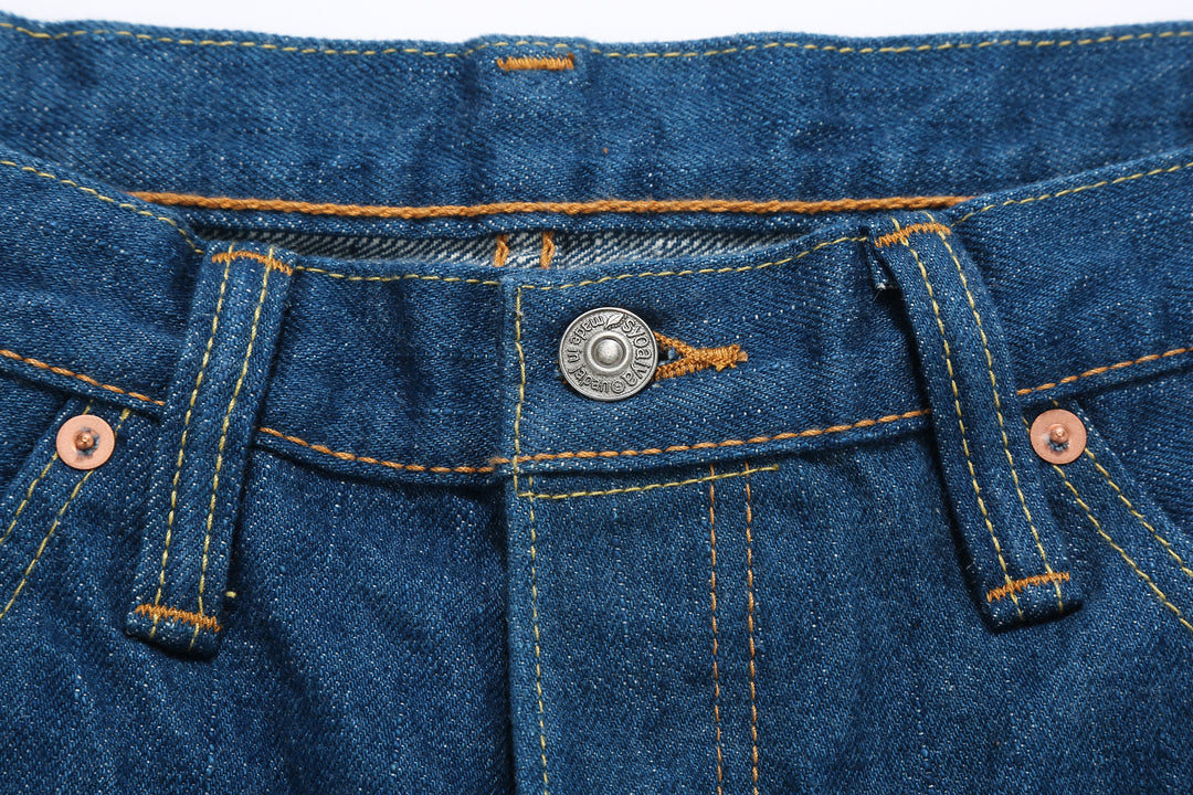 Pure Blue Japan greencast indigo selvedge denim relaxed tapered jeans Japan button