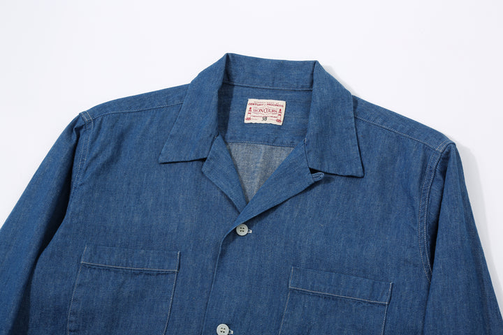 Boncoura Cotton Linen Open Collar Shirt in Light Indigo – Upper Front and Open Collar Detail