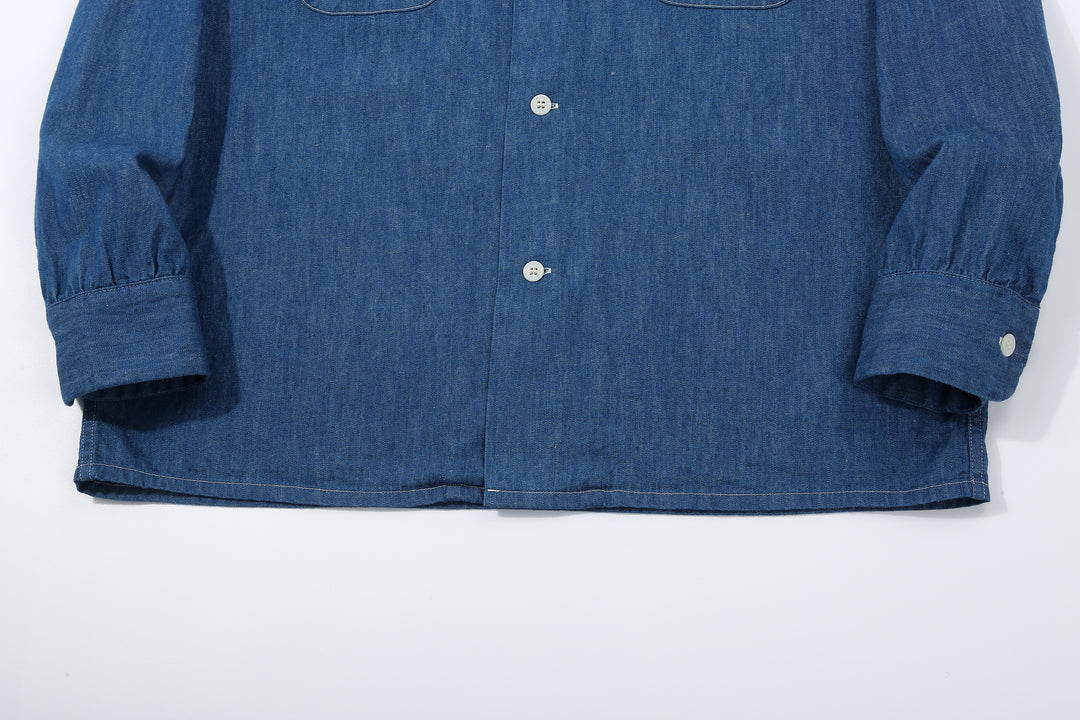 Boncoura Cotton Linen Open Collar Shirt in Light Indigo – Straight Hem and Cuff Detail