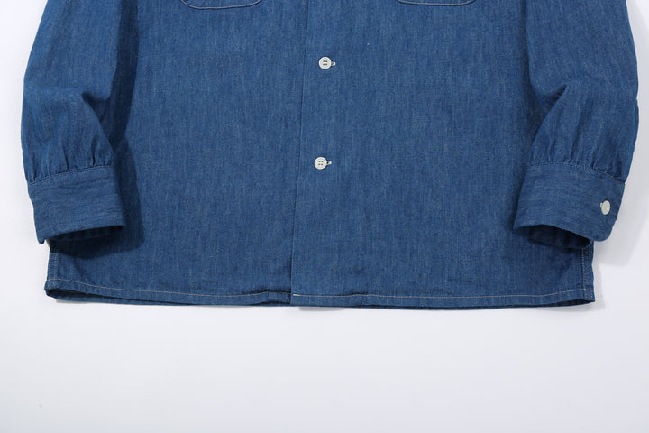 Boncoura Cotton Linen Open Collar Shirt in Light Indigo – Straight Hem and Cuff Detail