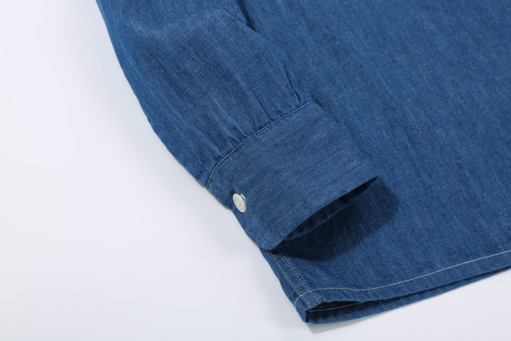 Boncoura Cotton Linen Open Collar Shirt in Light Indigo – Button Cuff Detail