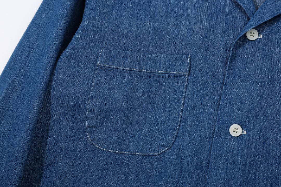 Boncoura Cotton Linen Open Collar Shirt in Light Indigo – Right Chest Pocket Detail