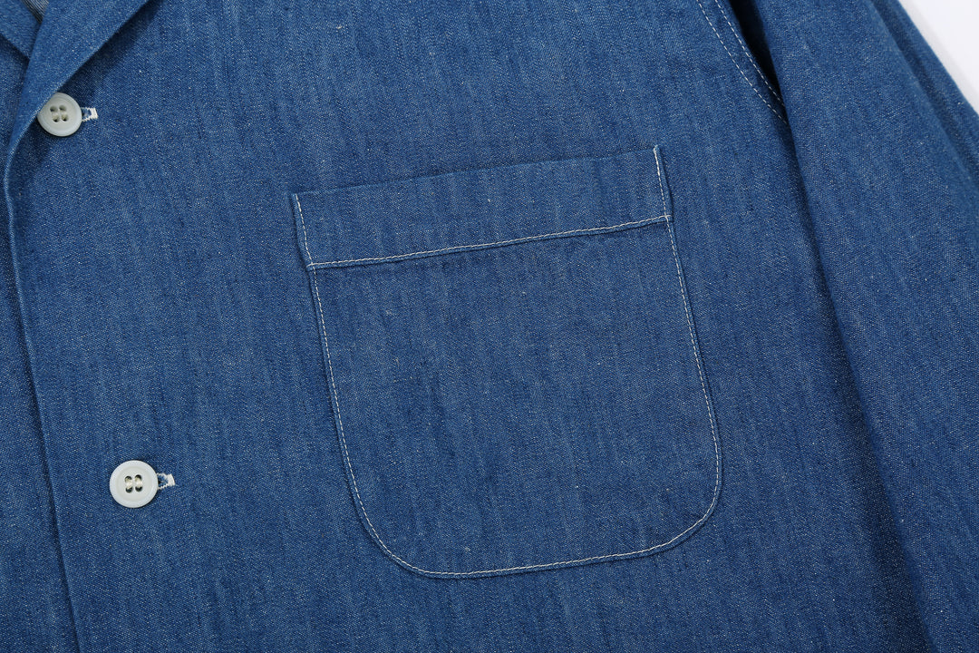 Boncoura Cotton Linen Open Collar Shirt in Light Indigo – Left Chest Pocket Detail