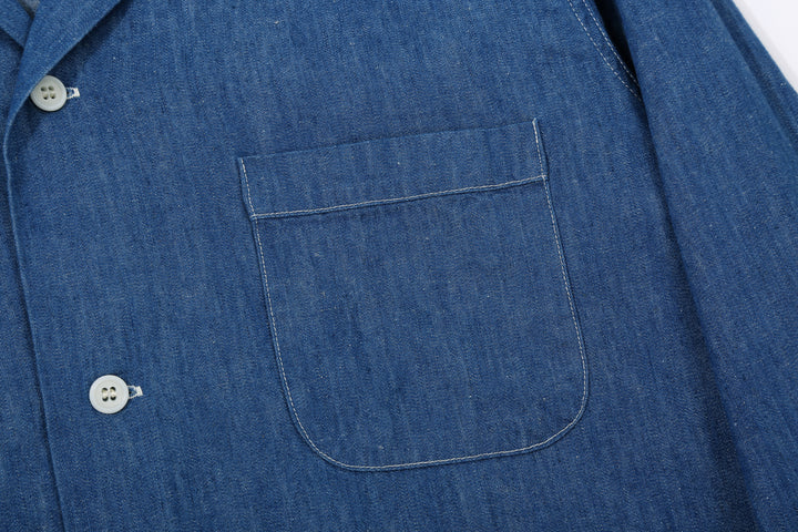 Boncoura Cotton Linen Open Collar Shirt in Light Indigo – Left Chest Pocket Detail