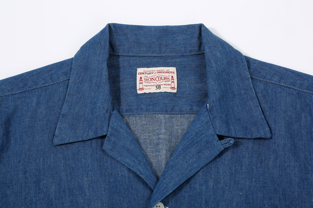 Boncoura Cotton Linen Open Collar Shirt in Light Indigo – Open Collar and Brand Label Detail
