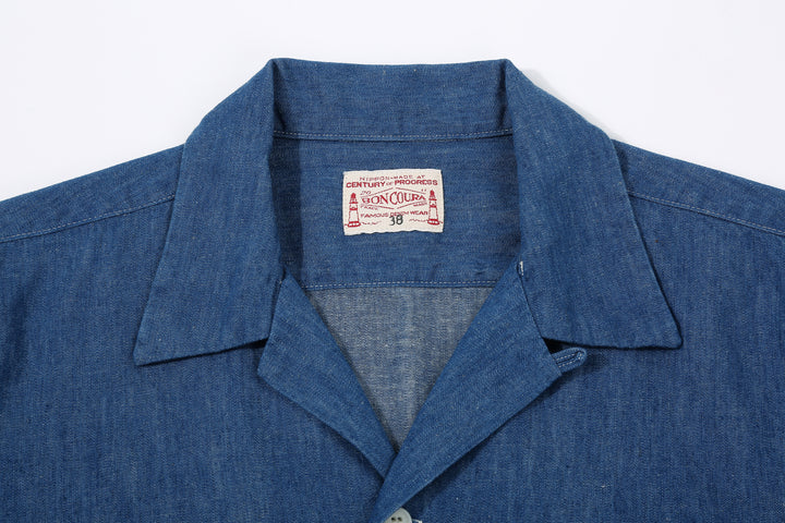 Boncoura Cotton Linen Open Collar Shirt in Light Indigo – Open Collar and Brand Label Detail