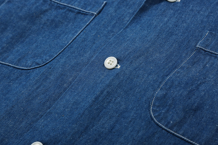 Boncoura Cotton Linen Open Collar Shirt in Light Indigo – Chest Pockets and Button Detail