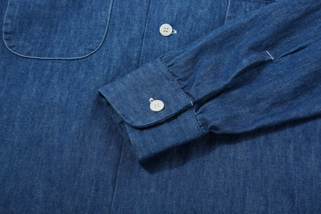 Boncoura Cotton Linen Open Collar Shirt in Light Indigo – Sleeve Cuff and Button Detail