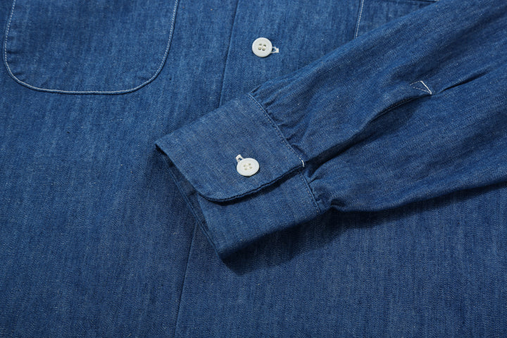 Boncoura Cotton Linen Open Collar Shirt in Light Indigo – Sleeve Cuff and Button Detail