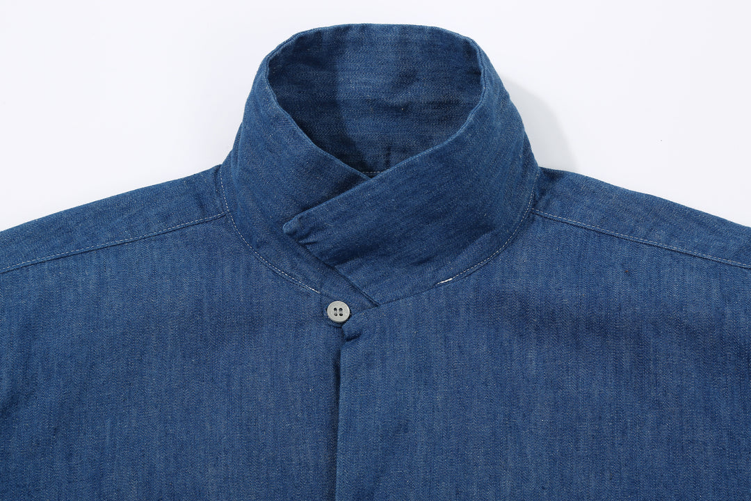 Boncoura Cotton Linen Open Collar Shirt in Light Indigo – One-Up Collar Detail