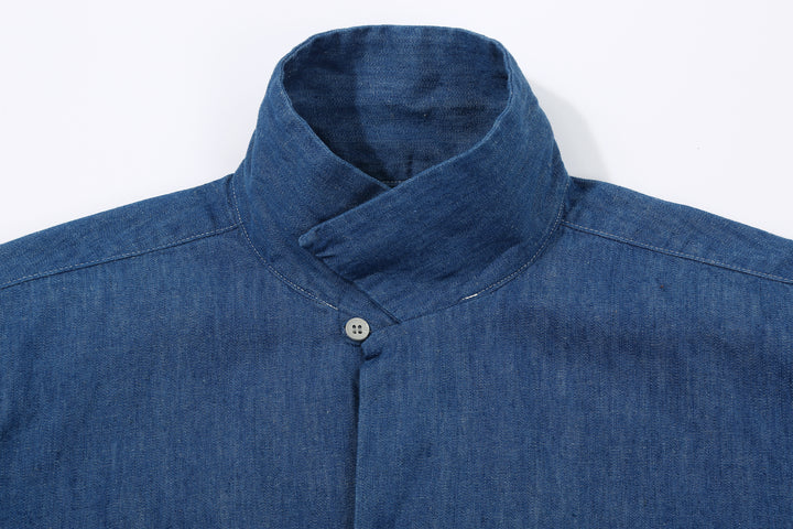 Boncoura Cotton Linen Open Collar Shirt in Light Indigo – One-Up Collar Detail