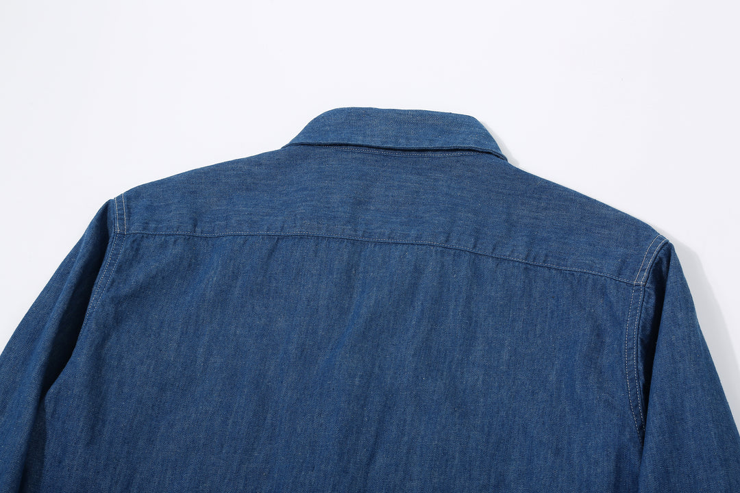 Boncoura Cotton Linen Open Collar Shirt in Light Indigo – Back Yoke Detail