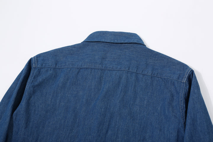 Boncoura Cotton Linen Open Collar Shirt in Light Indigo – Back Yoke Detail