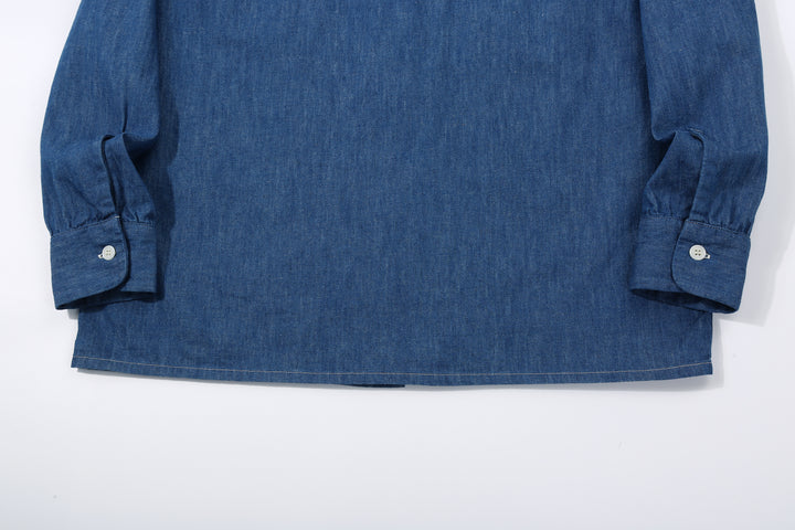 Boncoura Cotton Linen Open Collar Shirt in Light Indigo – Back Hem and Cuff Detail