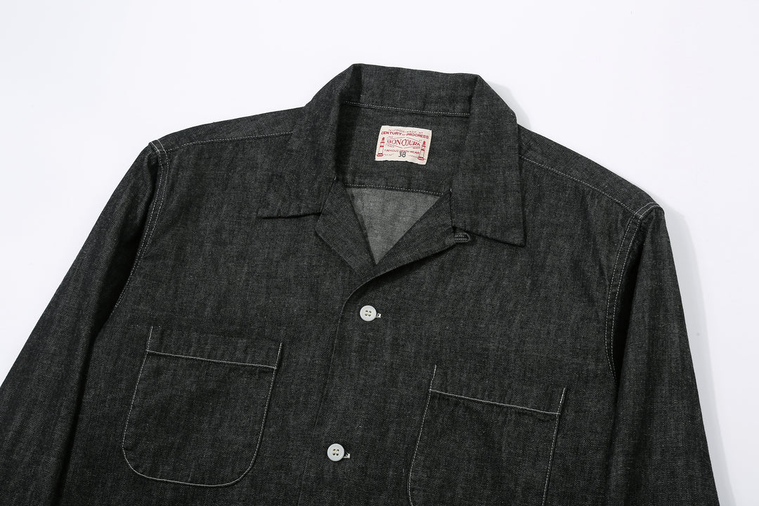 Boncoura Cotton Linen Open Collar Shirt in Rope-Dyed Black – Open Collar and Double Chest Pockets