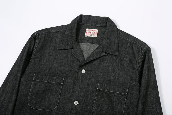 Boncoura Cotton Linen Open Collar Shirt in Rope-Dyed Black – Open Collar and Double Chest Pockets