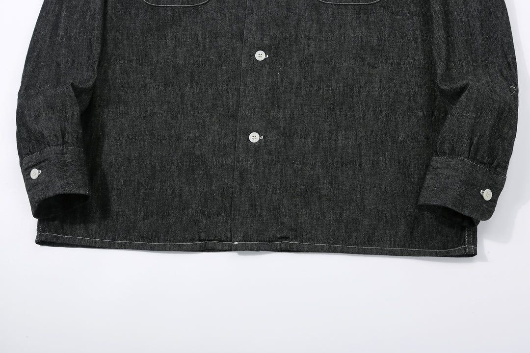Boncoura Cotton Linen Open Collar Shirt in Rope-Dyed Black – Straight Hem and Cuff Detail