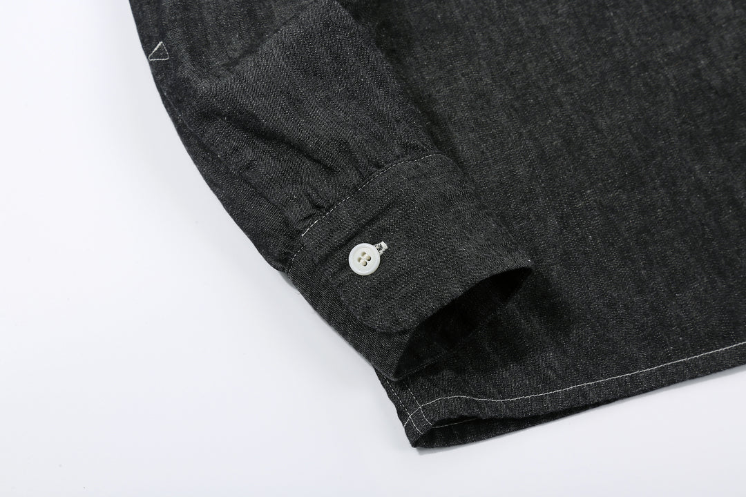 Boncoura Cotton Linen Open Collar Shirt in Rope-Dyed Black – Button Cuff Detail