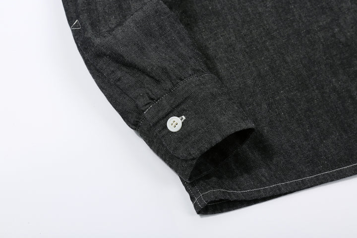 Boncoura Cotton Linen Open Collar Shirt in Rope-Dyed Black – Button Cuff Detail