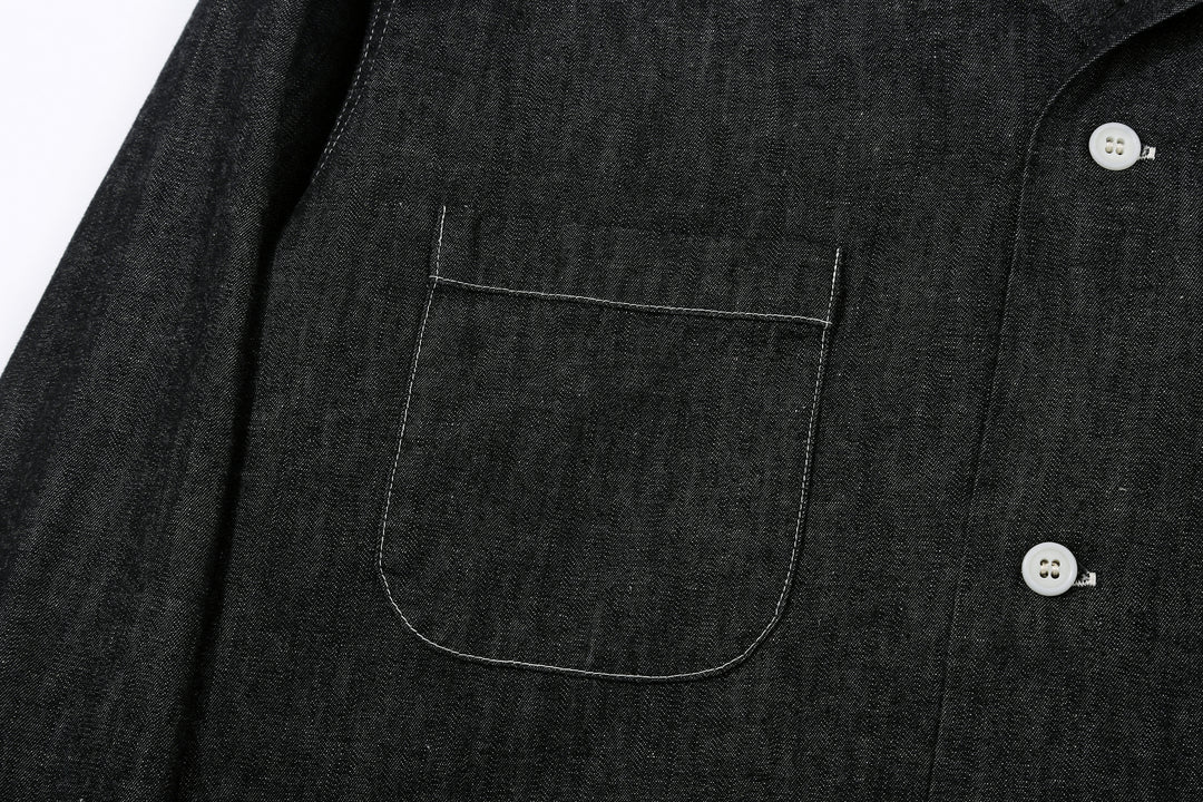 Boncoura Cotton Linen Open Collar Shirt in Rope-Dyed Black – Right Chest Pocket Detail