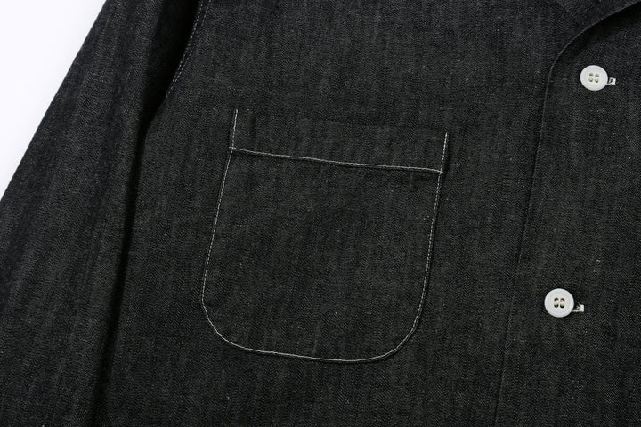 Boncoura Cotton Linen Open Collar Shirt in Rope-Dyed Black – Right Chest Pocket Detail