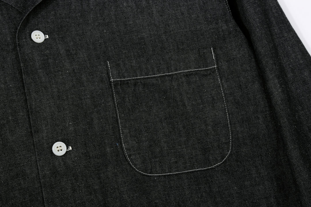 Boncoura Cotton Linen Open Collar Shirt in Rope-Dyed Black – Left Chest Pocket Detail