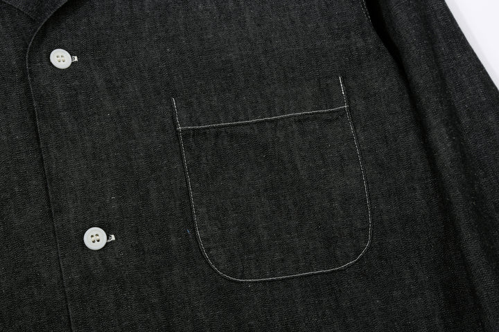 Boncoura Cotton Linen Open Collar Shirt in Rope-Dyed Black – Left Chest Pocket Detail