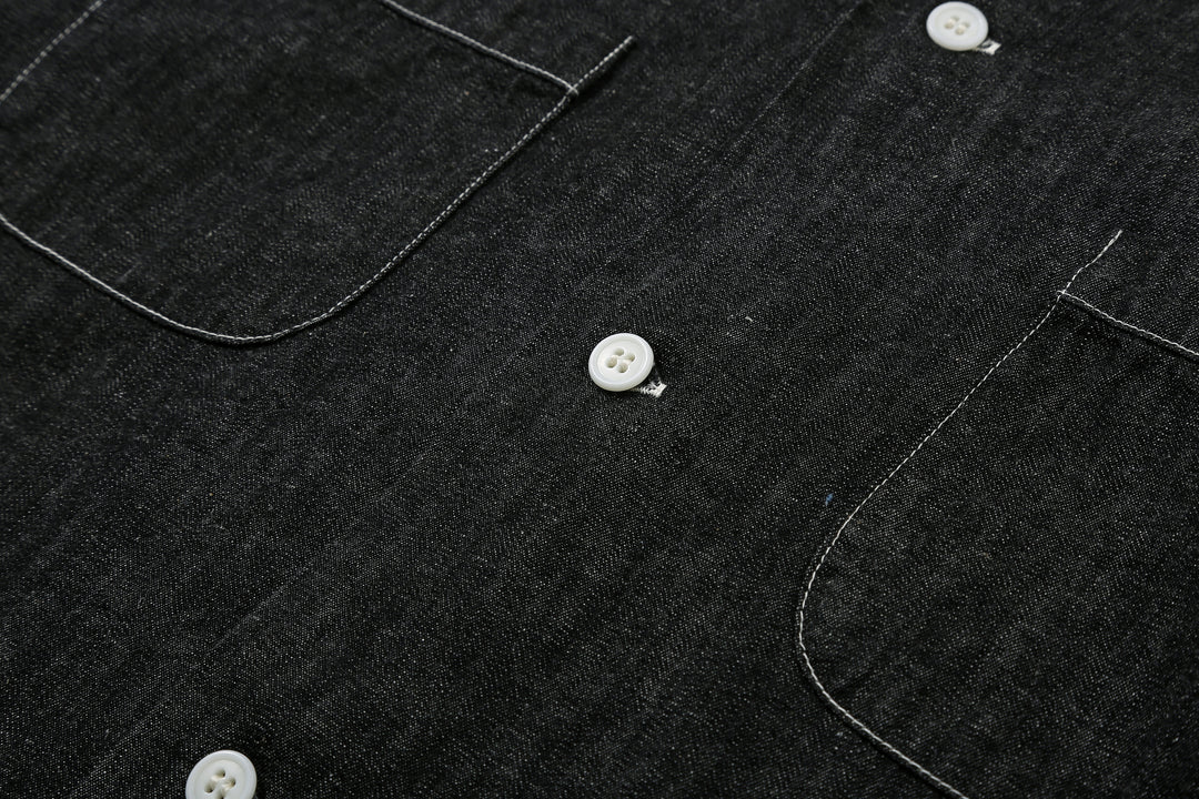 Boncoura Cotton Linen Open Collar Shirt in Rope-Dyed Black – Fabric Texture and Button Detail