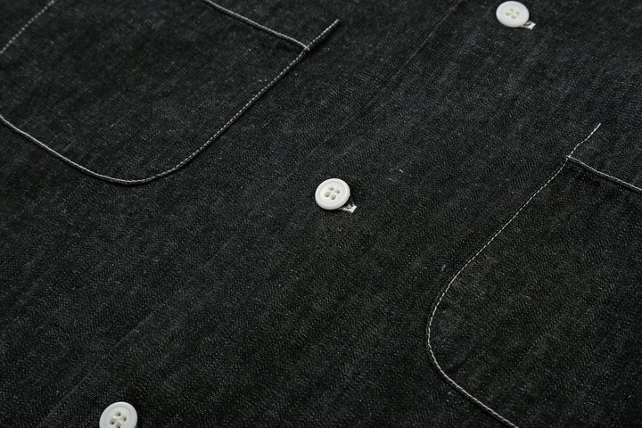 Boncoura Cotton Linen Open Collar Shirt in Rope-Dyed Black – Fabric Texture and Button Detail