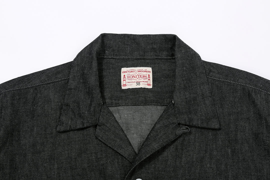 Boncoura Cotton Linen Open Collar Shirt in Rope-Dyed Black – Collar and Boncoura Brand Label Detail