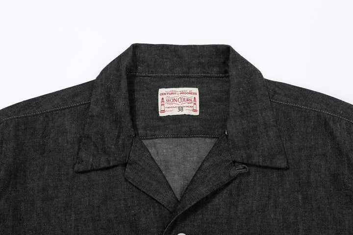 Boncoura Cotton Linen Open Collar Shirt in Rope-Dyed Black – Collar and Boncoura Brand Label Detail