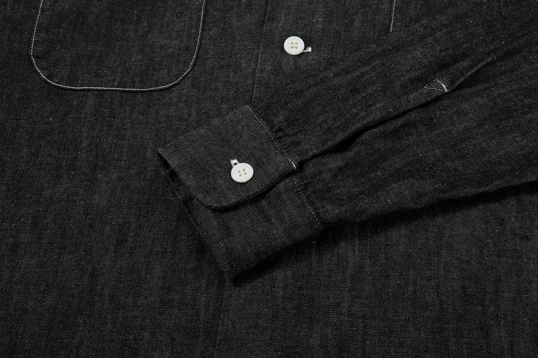 Boncoura Cotton Linen Open Collar Shirt in Rope-Dyed Black – Sleeve Cuff and Fabric Detail