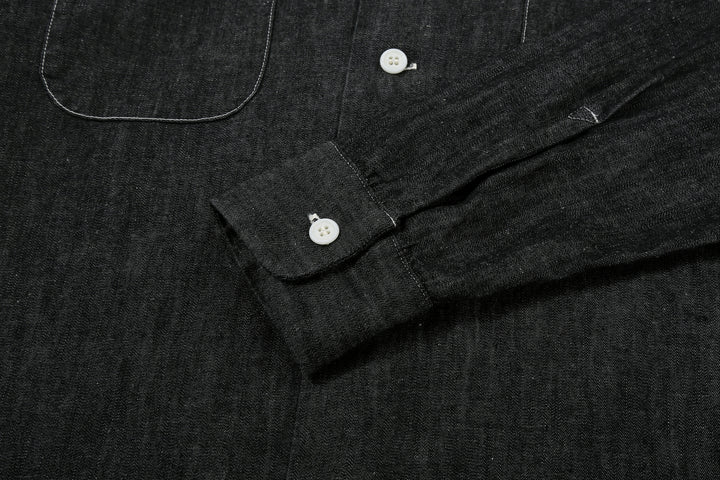 Boncoura Cotton Linen Open Collar Shirt in Rope-Dyed Black – Sleeve Cuff and Fabric Detail