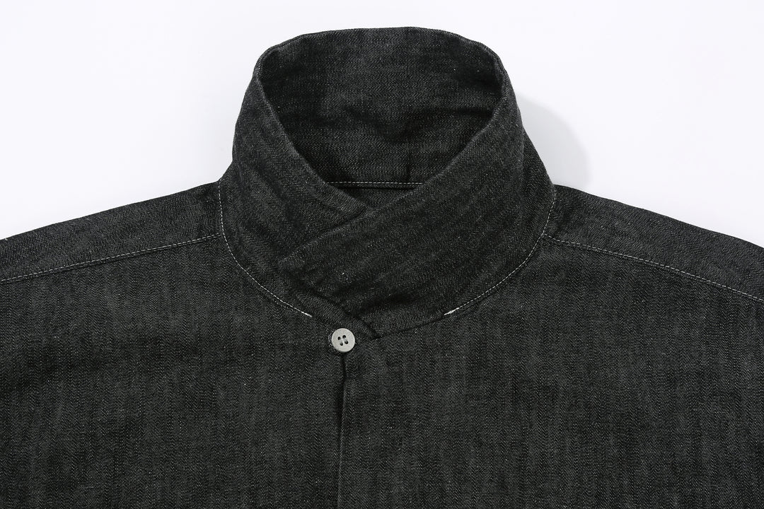 Boncoura Cotton Linen Open Collar Shirt in Rope-Dyed Black – One-Up Collar Detail