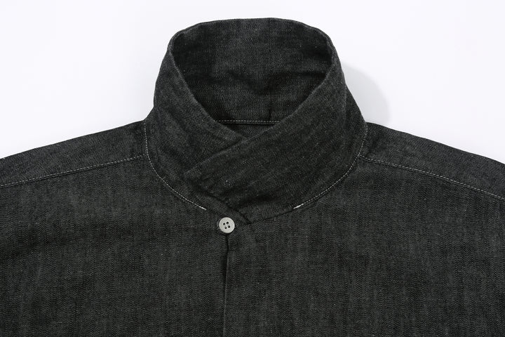 Boncoura Cotton Linen Open Collar Shirt in Rope-Dyed Black – One-Up Collar Detail