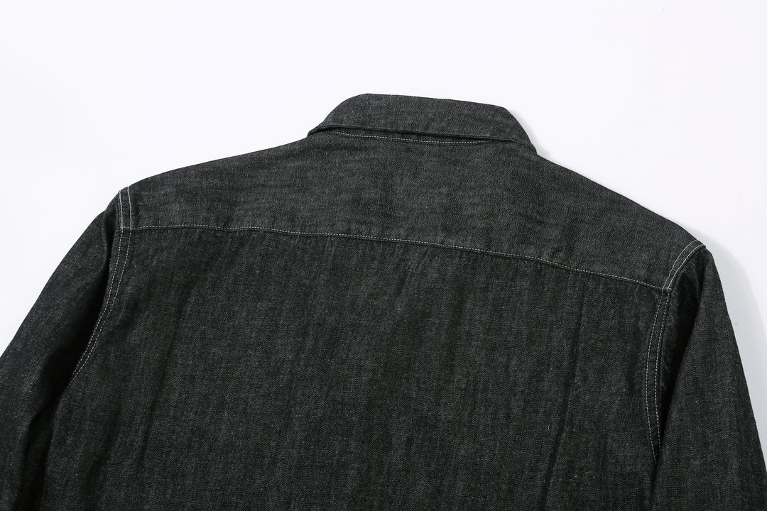 Boncoura Cotton Linen Open Collar Shirt in Rope-Dyed Black – Back Yoke Detail