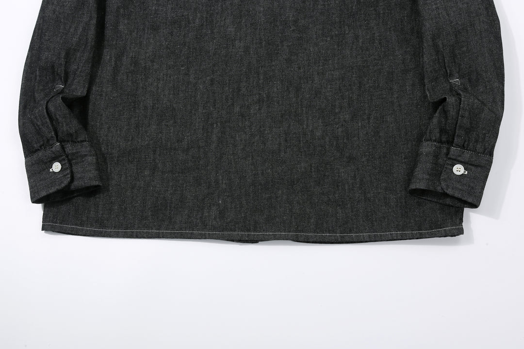 Boncoura Cotton Linen Open Collar Shirt in Rope-Dyed Black – Back Hem and Cuff Detail