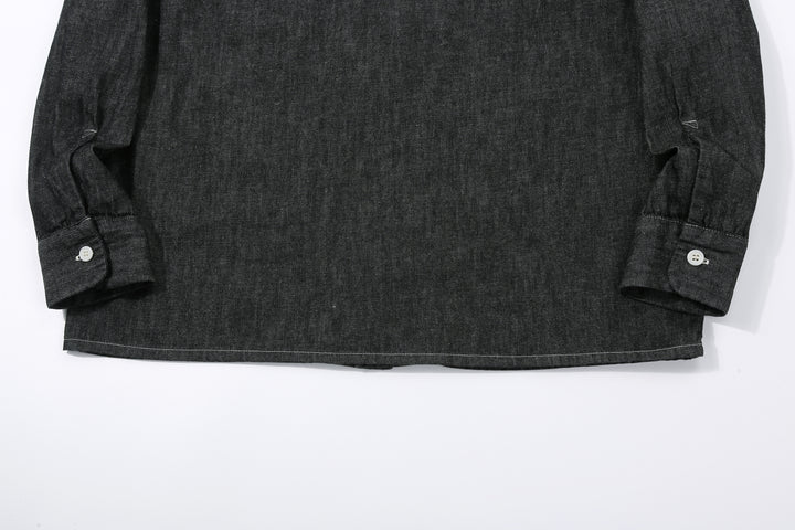 Boncoura Cotton Linen Open Collar Shirt in Rope-Dyed Black – Back Hem and Cuff Detail