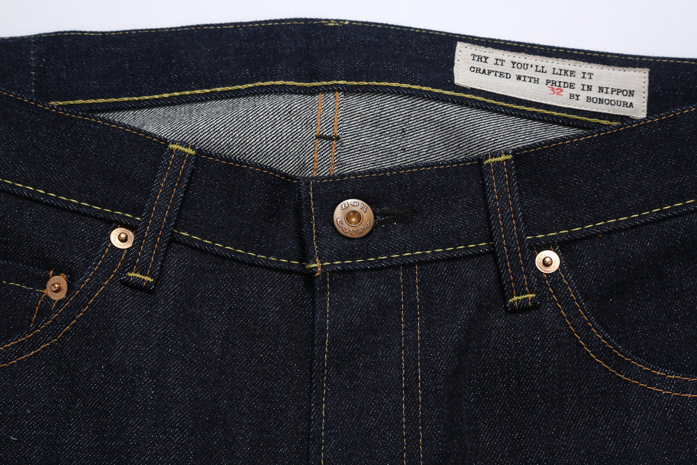 boncoura z 15oz selvedge denim zipper fly relaxed tapered fit indigo