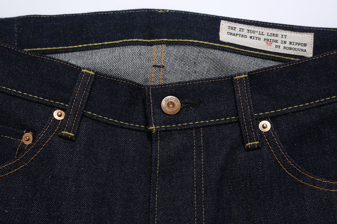 boncoura z 15oz selvedge denim zipper fly relaxed tapered fit indigo
